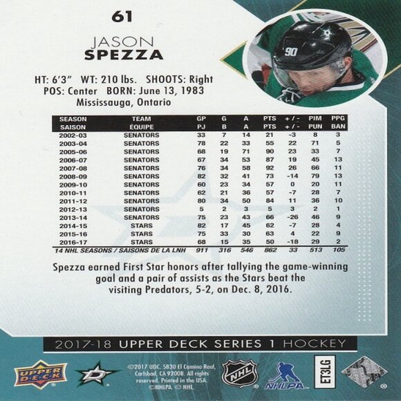 Jason Spezza - 2017/2018 Upper Deck Series 1 Hockey Card - Picture 2 of 2